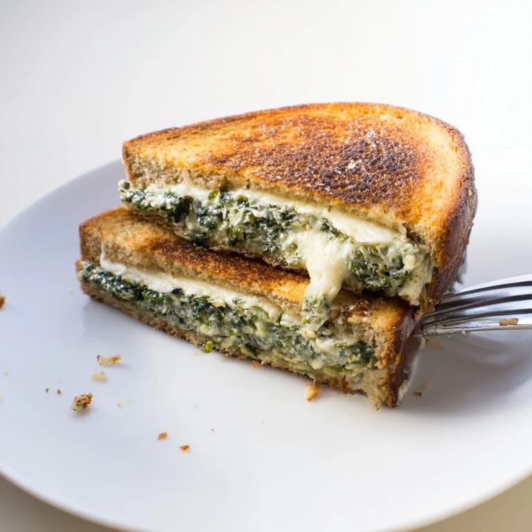 Close-up of a perfectly grilled Sourdough Spinach Artichoke Dip Grilled Cheese sandwich, served warm and inviting.