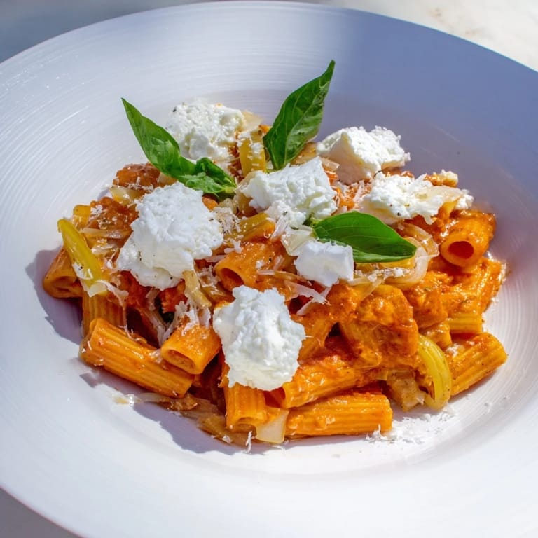 Delicious Creamy Roasted Red Pepper Santa Hat Pasta, a vegetarian delight, garnished with fresh basil.