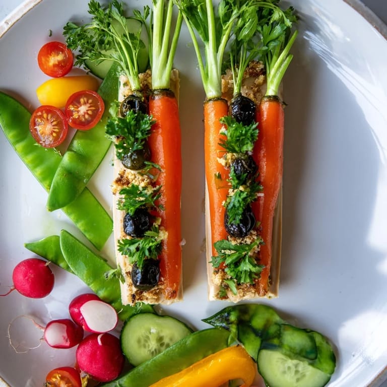 This Carrot Patch Veggie Board showcases fresh carrots peaking from a bed of olive-speckled hummus.