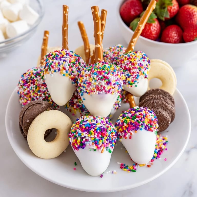 Festive rainbow sprinkle party board: a dessert platter overflowing with dipped, sprinkled treats for everyone to enjoy.