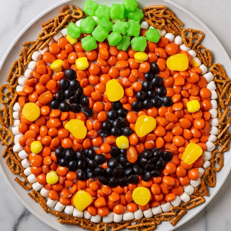 A cheerful Jack-o-Lantern Candy Board, overflowing with colorful candies for a fun, festive Halloween treat.