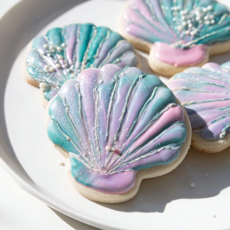 View exquisitely decorated seashell sweets, with shimmering icing and edible pearls, all ready for the party.