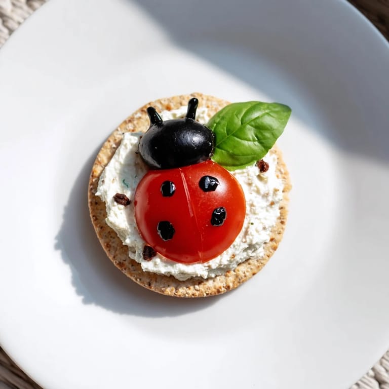 These Ladybug Love Picnic Finger Foods show colorful cherry tomatoes and olives arranged as cute snacks.