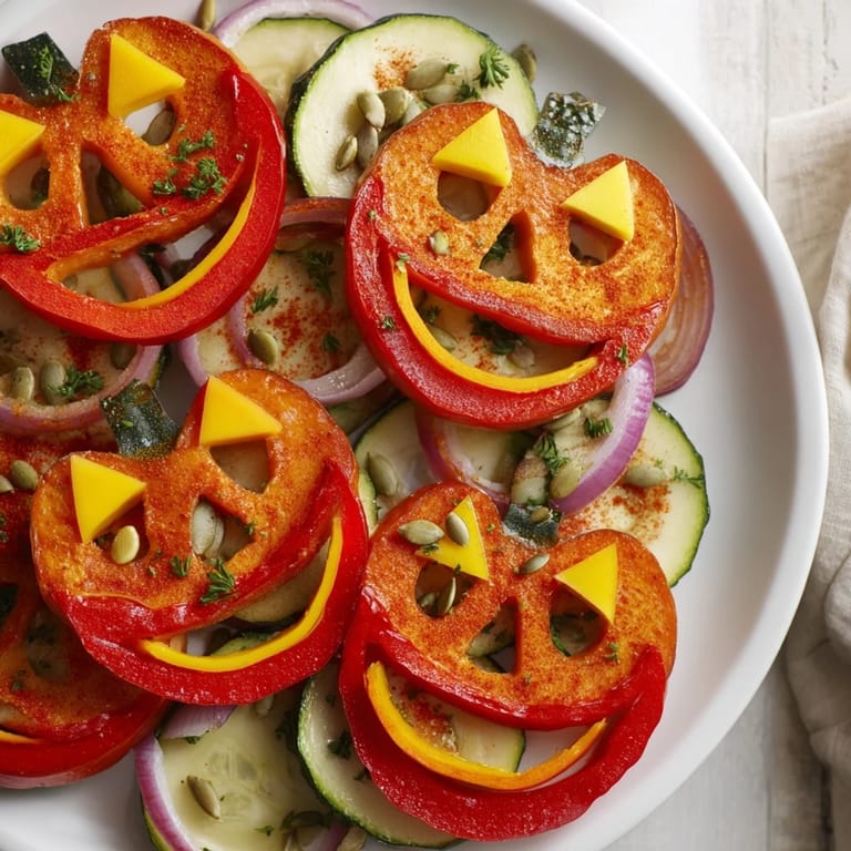Vibrant Pumpkin Lantern Halloween Plate dish, featuring perfectly roasted vegetables as a jack-o-lantern for your meal.