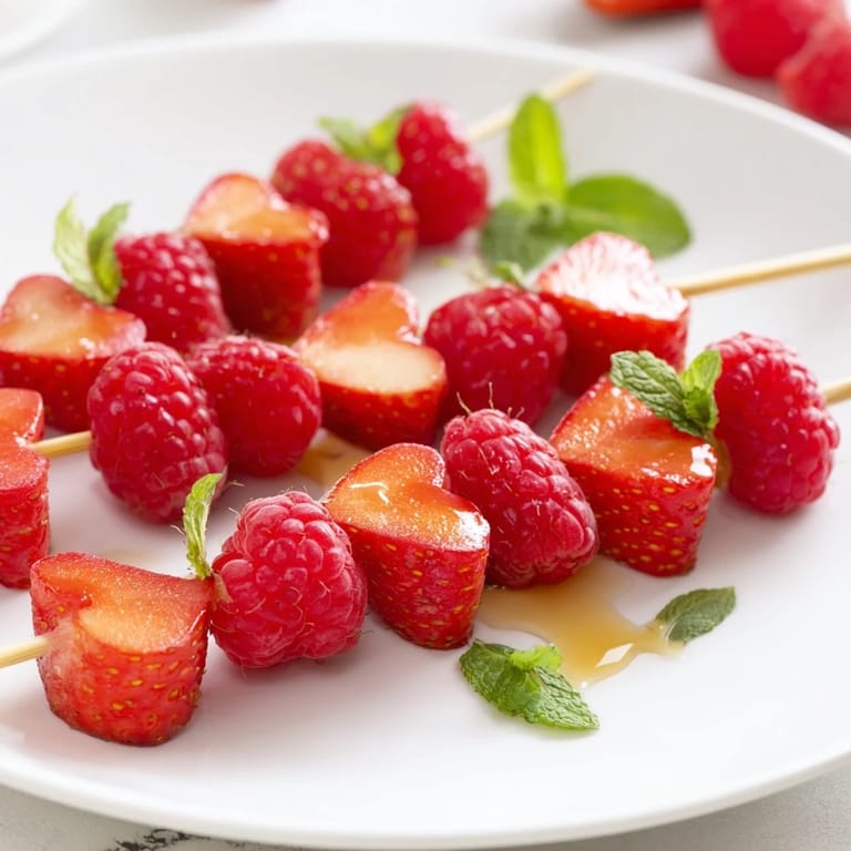 Freshly assembled Red Heart Fruit Skewers with bright red hearts make a simple, healthy dessert option.