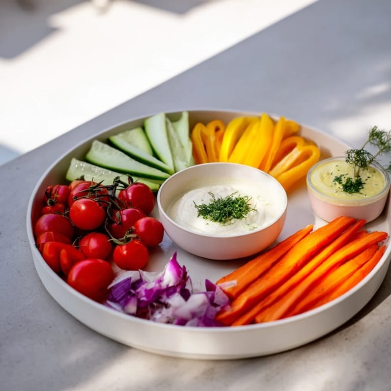 Fresh Rainbow Vegetable Dips with bright, colorful vegetables and creamy dips, ready to enjoy.