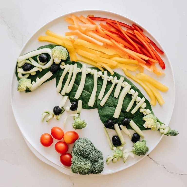 A vibrant T-Rex Fossil Crudités vegetable platter with carrots, bell peppers, and olives, paired with dip.