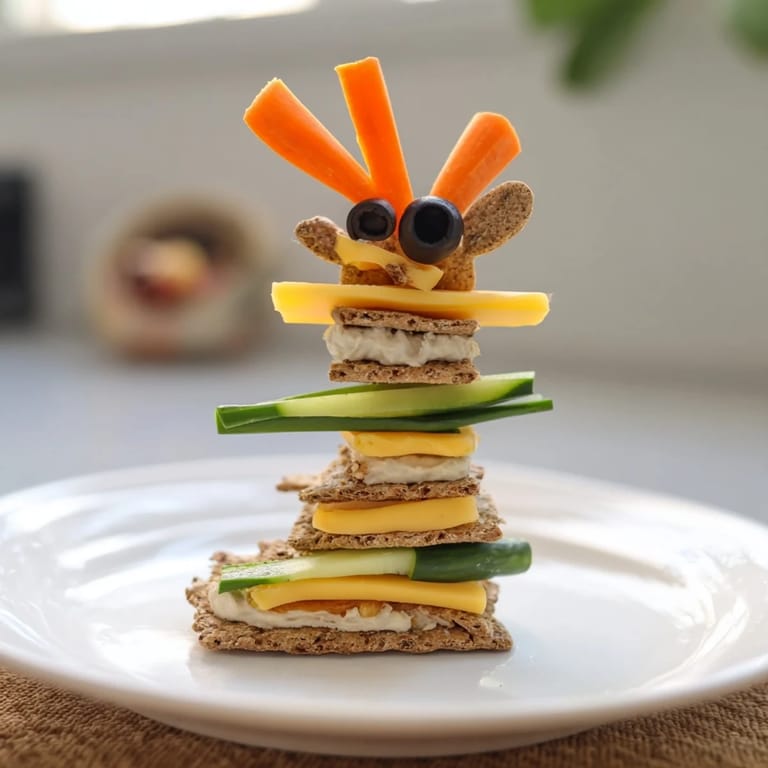 A playful tower of Giraffe Tall Cracker Stacks, perfect for a kid-friendly, vegetarian snack.