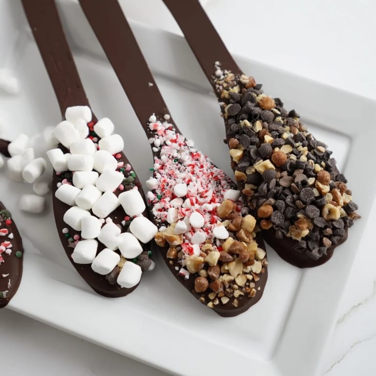 A delightful hot chocolate spoon toppings board; imagine colorful marshmallows alongside crushed peppermint.