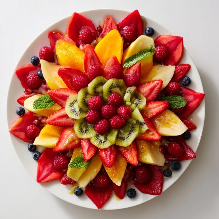 Bright and colorful Festive Poinsettia Fruit Bowl, perfect for Christmas or Easter, layered with juicy mixed fruits.