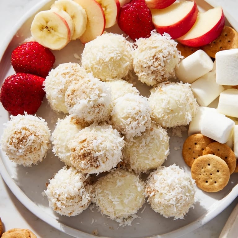 A delicious view: bite-sized Marshmallow Snowball Dip, rolled in coconut and ready to enjoy.