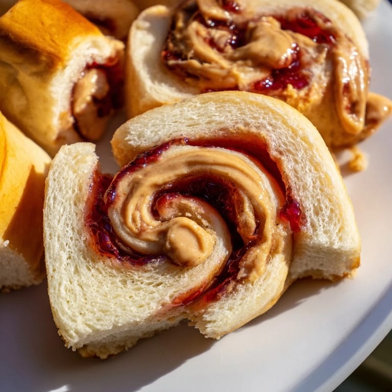 Close-up of easy-to-make, colorful PB&J pinwheel rolls, perfect for kid-friendly snacks.