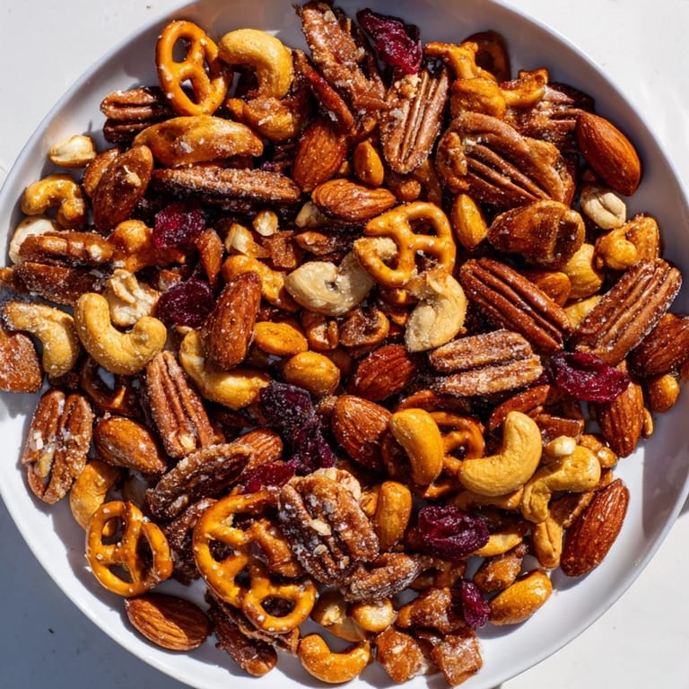 Crunchy Sweet and Salty Holiday Nut Bowl with golden nuts and holiday spices, perfect for gifting.