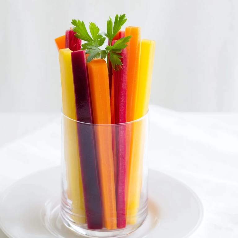 Colorful Simple Crudités: tall glasses filled with a rainbow of carrot sticks, perfect for dipping and snacking.