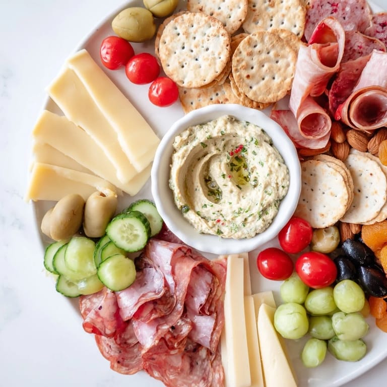 Visually dynamic Arrowhead Directional Board arrangement with radiating crackers, aiming toward a central dip of choice.