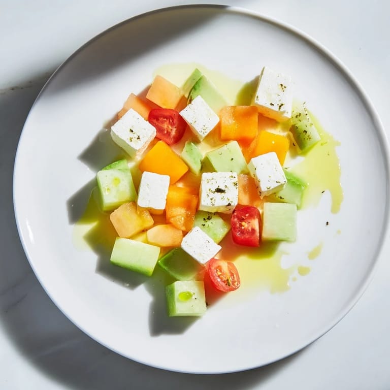 Crisp, refreshing Geometric Cube Salad, beautifully arranged with feta and watermelon for a vibrant bite.