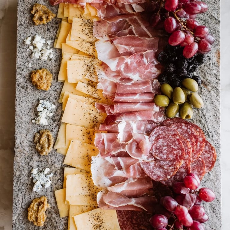 A close-up shot of the Industrial Slate appetizer, showcasing a modern food presentation of meats and cheeses.