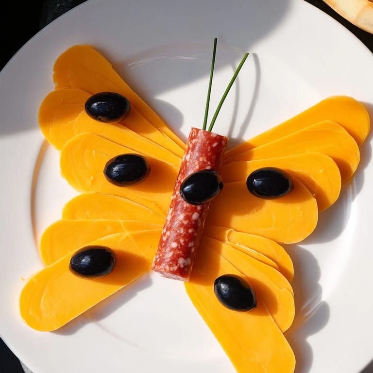 This whimsical appetizer features a fun butterfly migration design, using cheese, salami, and olives.