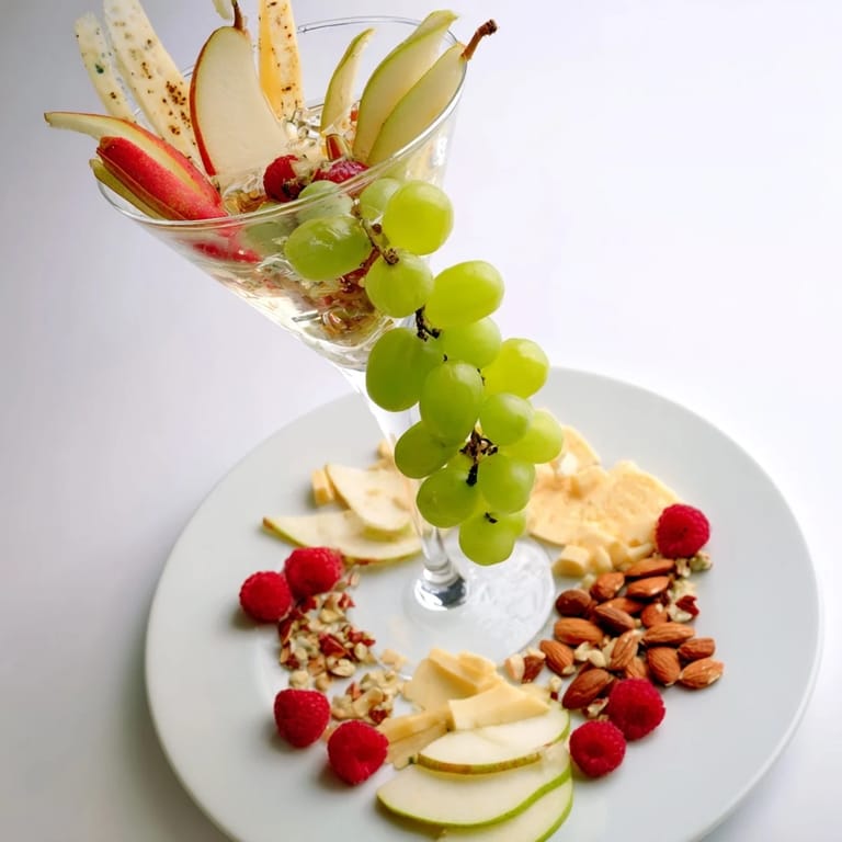 This vibrant Champagne Waterfall Board showcases a cascade of fruits and cheeses, perfect for any gathering.