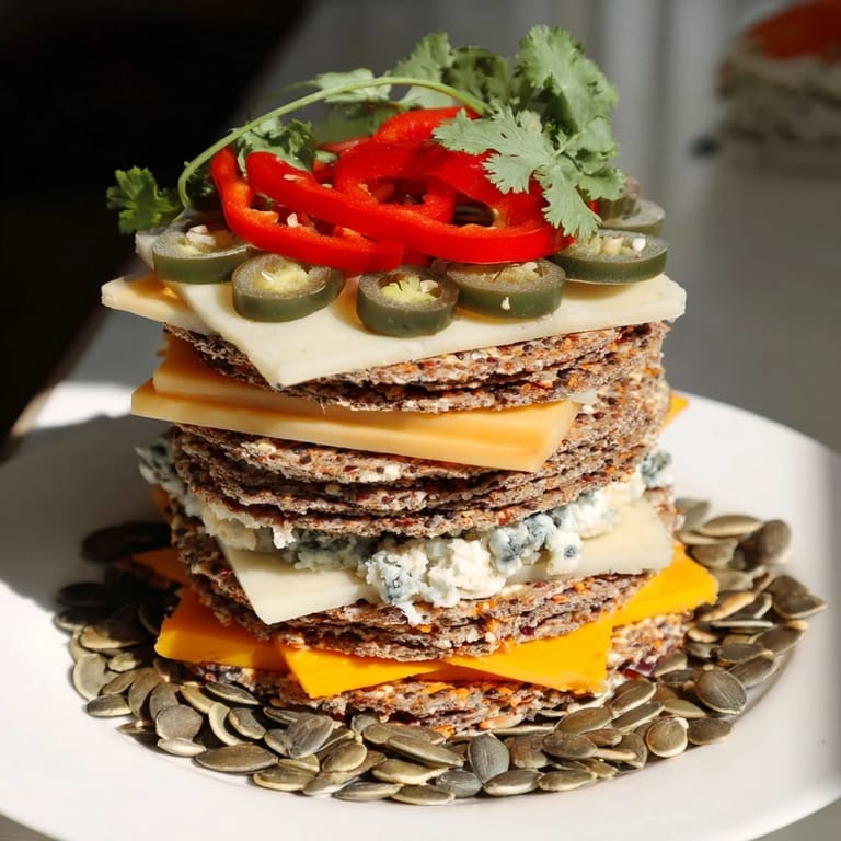 Artfully stacked Southwest Mesa appetizer; imagine the textures of cheese and spiced garnishes.