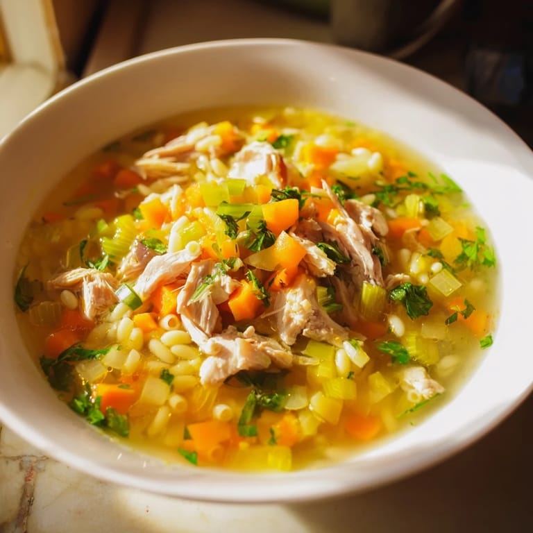 Spoonful of Chicken and Ditalini Flu Fighter Soup showing pasta, herbs, and chicken in broth.