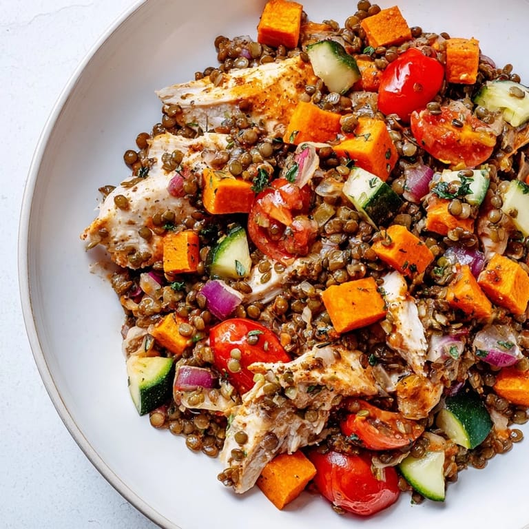 A vibrant bowl of Chicken and Lentil Recession Salad, perfect for a healthy and satisfying lunch.