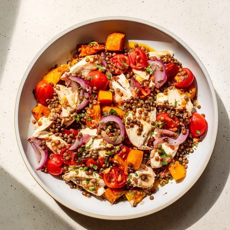 Close-up of a refreshing Chicken and Lentil Recession Salad, full of bright colors and wholesome ingredients.