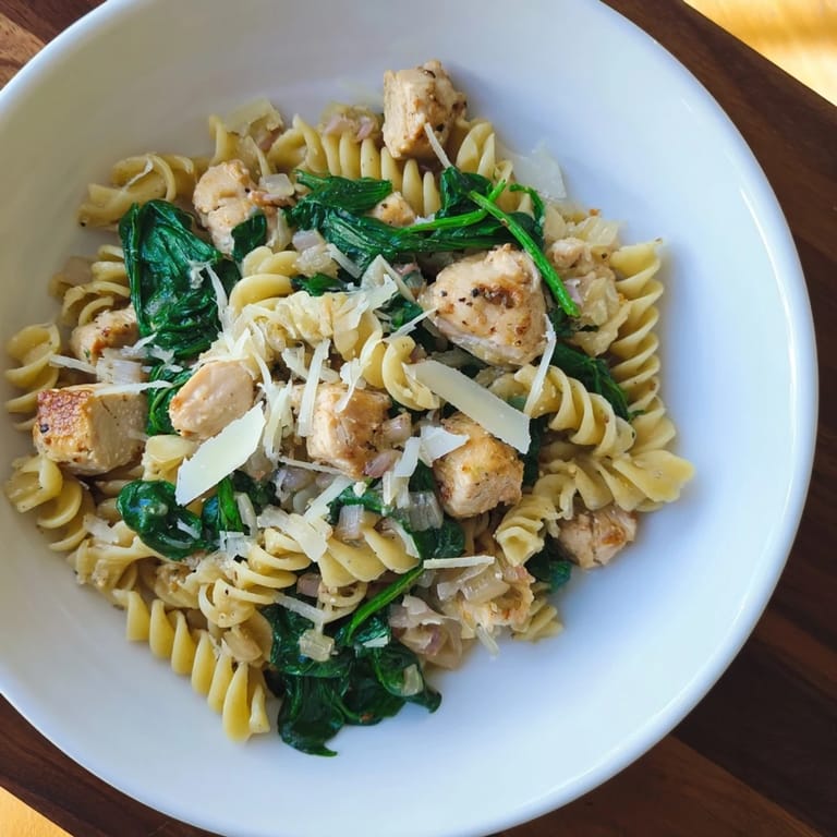 A bowl of delicious One-Pot Spinach and Chicken Pasta, a quick and easy weeknight dinner meal.