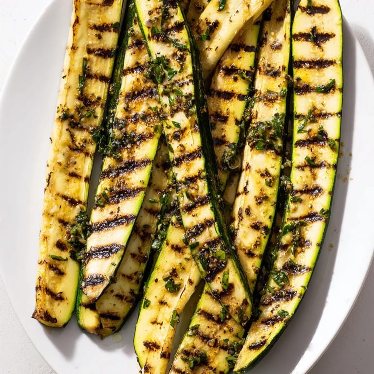 Mediterranean Garlic Herb Grilled Zucchini, beautifully grilled, waiting to be served and enjoyed at a picnic.