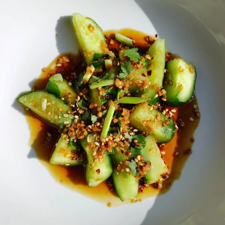 A close-up view of the Chinese Spicy Smashed Cucumber Salad shows its irresistible, glistening dressing.