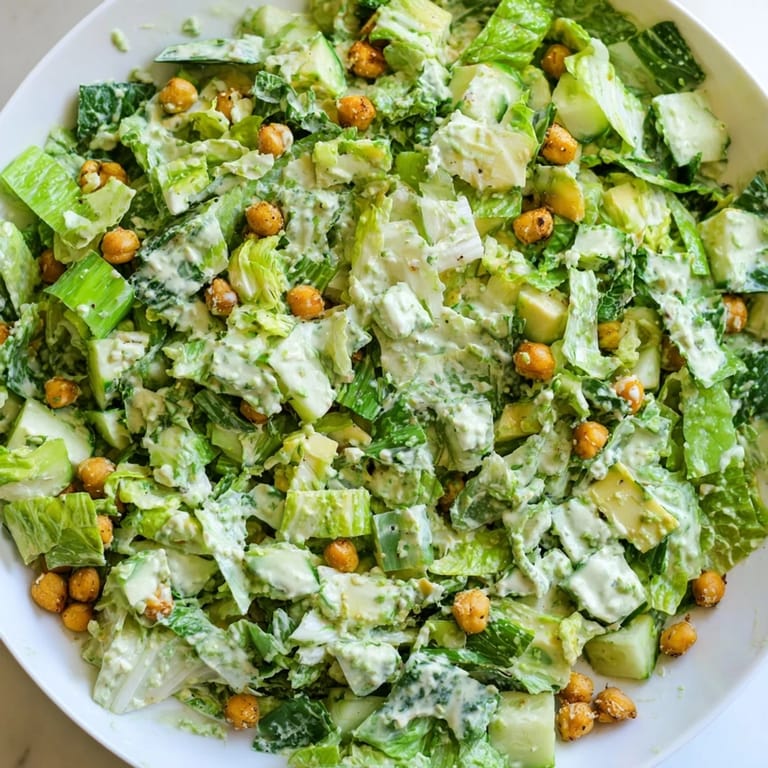 Close-up of vibrant Green Goddess Salad with Crispy Chickpeas, showcasing the creamy dressing and crunchy topping.