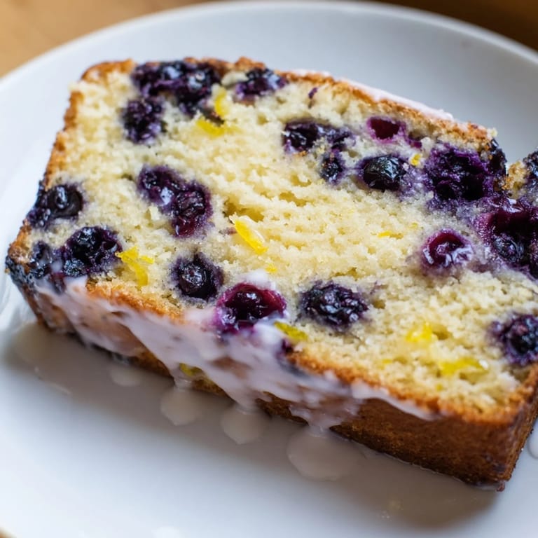 Close-up of freshly baked Lemon Blueberry Yogurt Loaf, showcasing a tender crumb and vibrant blueberries.