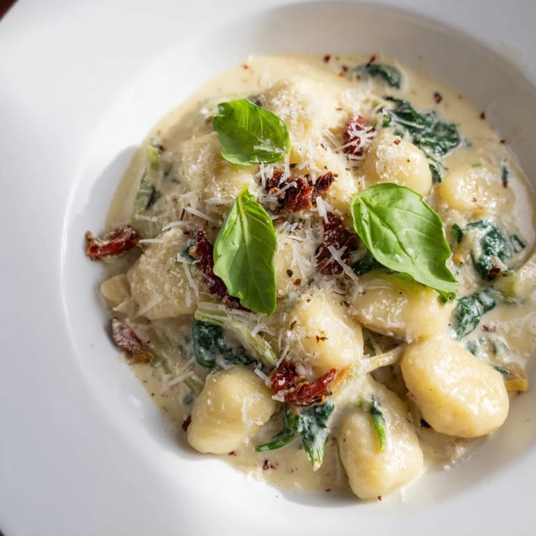 Warm, appetizing photo of Creamy Tuscan gnocchi, a comforting Italian dinner with creamy sauce and spinach.