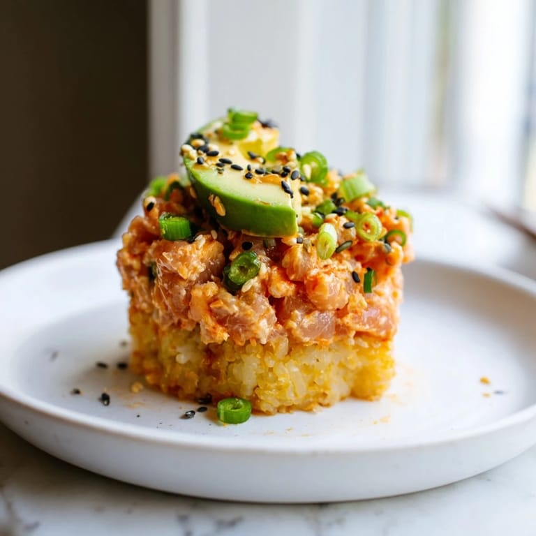 A close-up of beautifully plated Spicy Tuna Crispy Rice appetizers shows contrasting colors and textures.