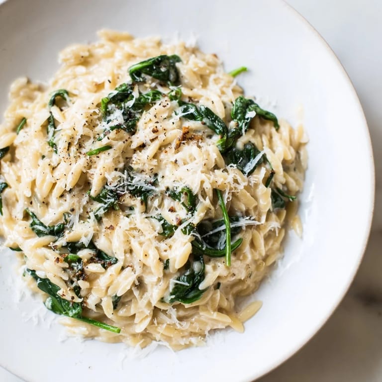 Look at this image of freshly made creamy spinach orzo, ready to serve and enjoy.