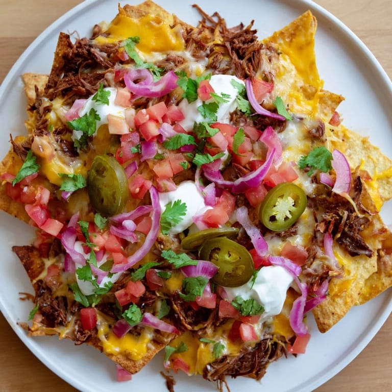 Enjoy these flavorful loaded nachos with pulled pork, imagining tender meat and creamy, warm queso goodness.