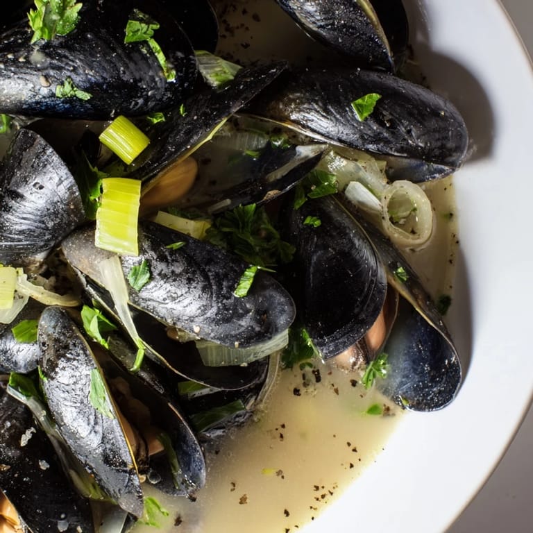 Freshly prepared Belgian Moules Marinière, a classic dish, garnished with parsley and served with lemon slices.