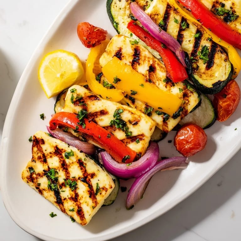 Vibrant Mediterranean Grilled Halloumi Cheese Steak platter with juicy cherry tomatoes, lemon wedges, and balsamic-dressed vegetables, ready for serving.