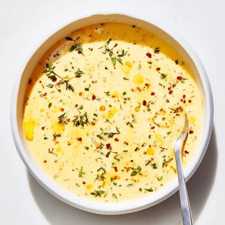 Freshly made Cowboy Butter Sauce in a glass jar, with a spoon holding a dollop to show its rich, herb-flecked texture.