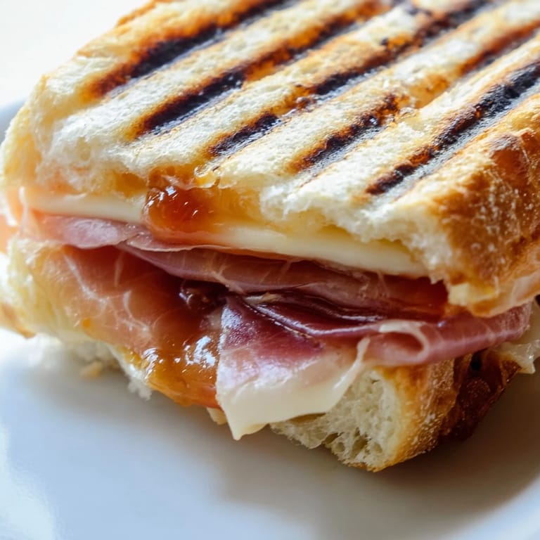 Two halved Crispy Prosciutto & Fig Panini on a plate, served with fresh arugula for garnish.