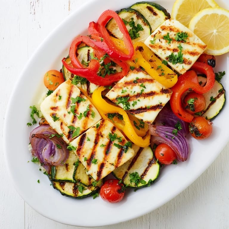 Close-up of sizzling Grilled Halloumi Cheese Steak with fresh veggies and herbs on a grill pan, perfect for a vegetarian main dish.