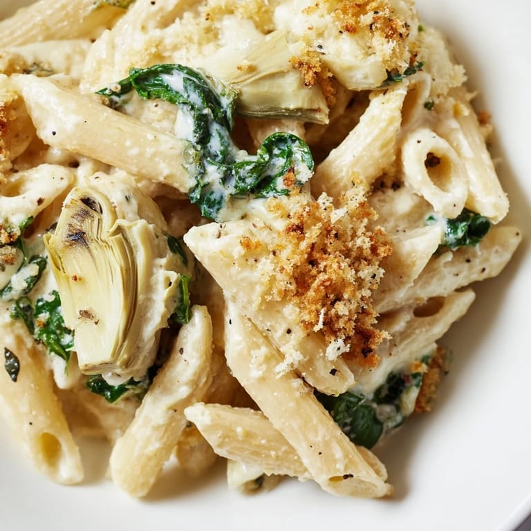 A close-up of a freshly baked Artichoke Pasta Bake, showcasing melted cheese, crispy breadcrumbs, and tender artichoke hearts nestled among penne pasta.