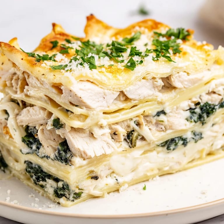 Freshly baked Chicken Alfredo Lasagna in a ceramic dish, garnished with parsley and ready to serve with garlic bread.