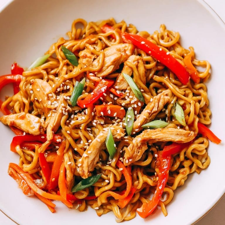 Spicy Ramen Stir-Fry served hot, topped with toasted sesame seeds and cilantro, perfect for a flavorful weeknight dinner.