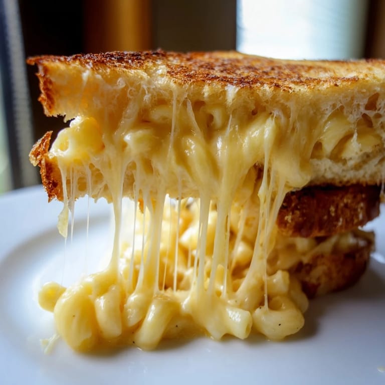 A close-up view shows melted cheddar and golden-brown, crispy bread on this decadent Mac & Cheese Grilled Cheese.