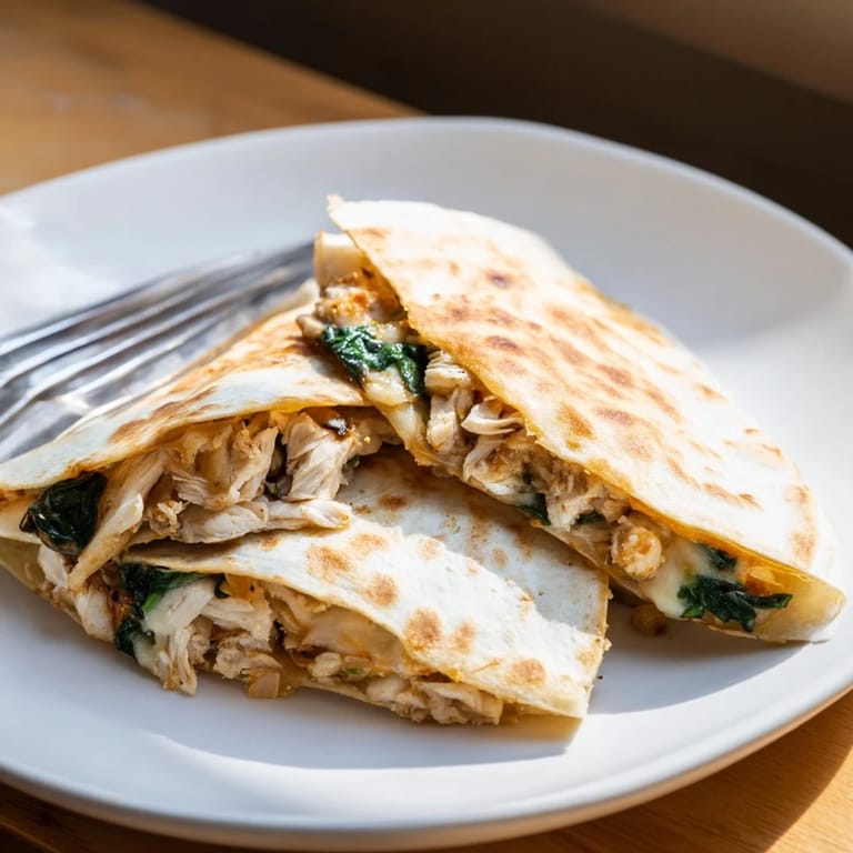 A close-up of a Chicken and Spinach Quesadilla featuring juicy shredded chicken and wilted greens on a bed of gooey cheese.  