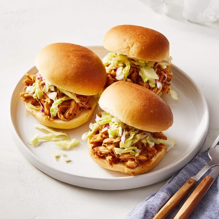 Juicy BBQ chicken sliders topped with creamy slaw on a fluffy bun, perfect for summer picnics.