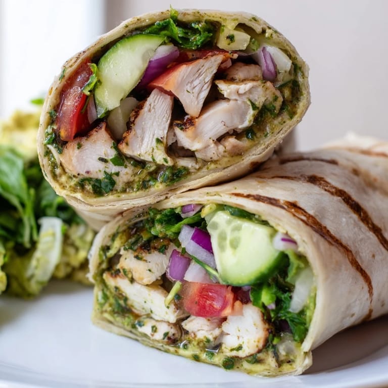 Enjoy a fresh Chimichurri Chicken Salad Wrap filled with spicy greens, ripe tomato slices, and creamy avocado on a warm tortilla.