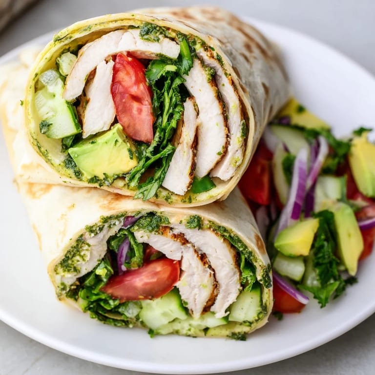 A hearty Chimichurri Chicken Salad Wrap stacked with grilled chicken strips, colorful veggies, and a zesty herb sauce.