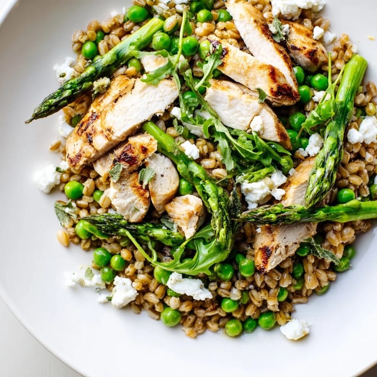 A vibrant bowl of Warm Spring Farro Chicken Salad with baby arugula, crumbled feta, and fresh herbs, served for a light lunch or refreshing dinner.
